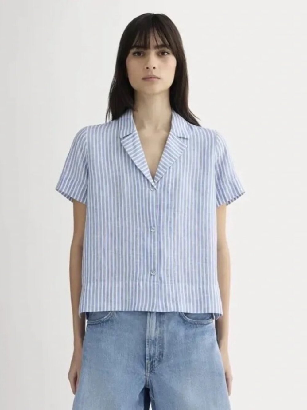 Everlane Blue White Striped European Flax Linen Button Down Short Sleeve Top
